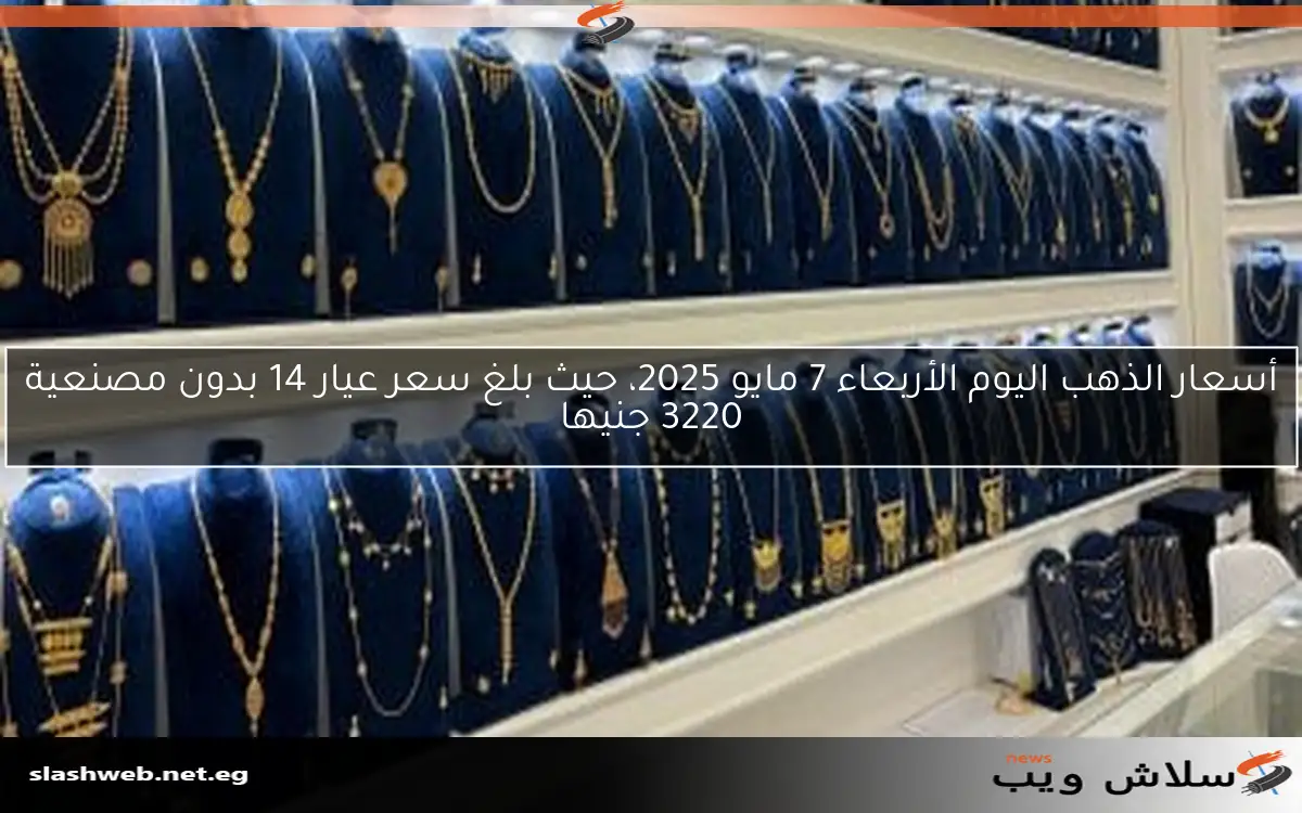 أسعار الذهب اليوم الأربعاء 7 مايو 2025، حيث بلغ سعر عيار 14 بدون مصنعية 3220 جنيها