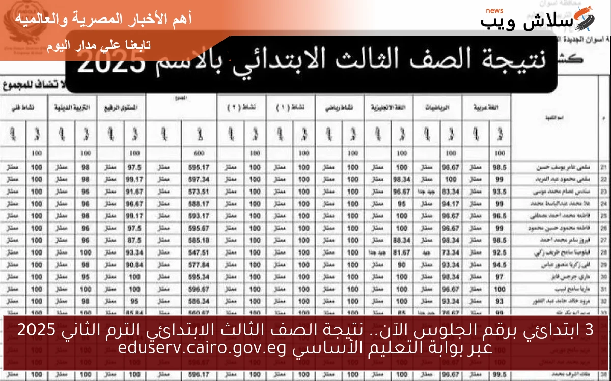 3 ابتدائي برقم الجلوس الآن.. نتيجة الصف الثالث الابتدائي الترم الثاني 2025 عبر بوابة التعليم الأساسي eduserv.cairo.gov.eg