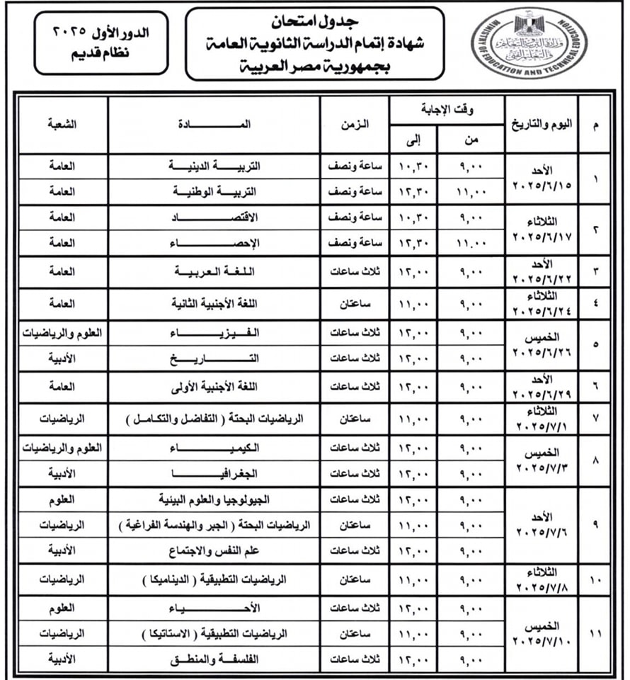 جدول امتحانات الثانوية العامة 2025