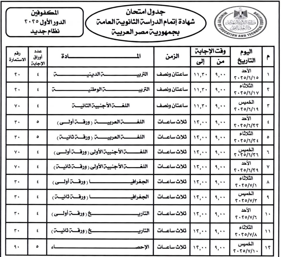 جدول إمتحانات الثانوية العامة 2025 الدور الاول