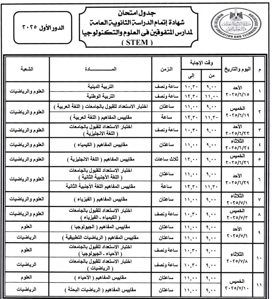 جدول امتحانات الثانوية العامة 2025