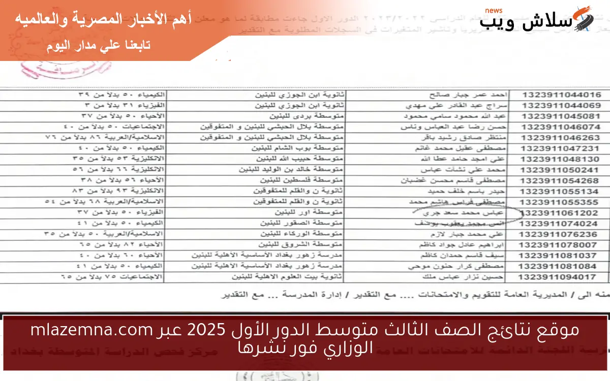 موقع نتائج الصف الثالث متوسط الدور الأول 2025 عبر mlazemna.com الوزاري فور نشرها