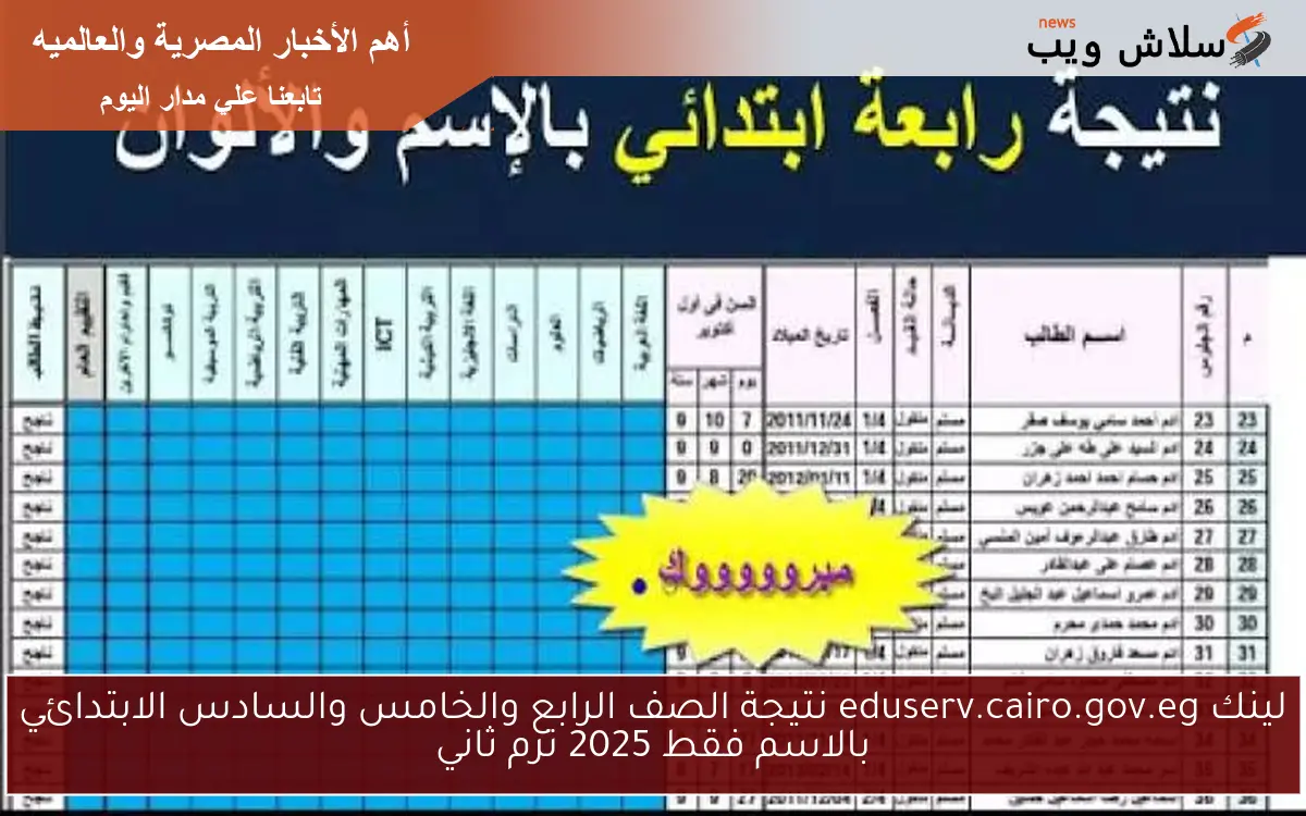 لينك eduserv.cairo.gov.eg نتيجة الصف الرابع والخامس والسادس الابتدائي بالاسم فقط 2025 ترم ثاني