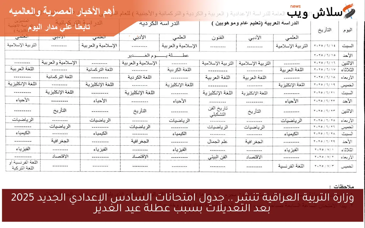 وزارة التربية العراقية تنشر .. جدول امتحانات السادس الإعدادي الجديد 2025 بعد التعديلات بسبب عطلة عيد الغدير