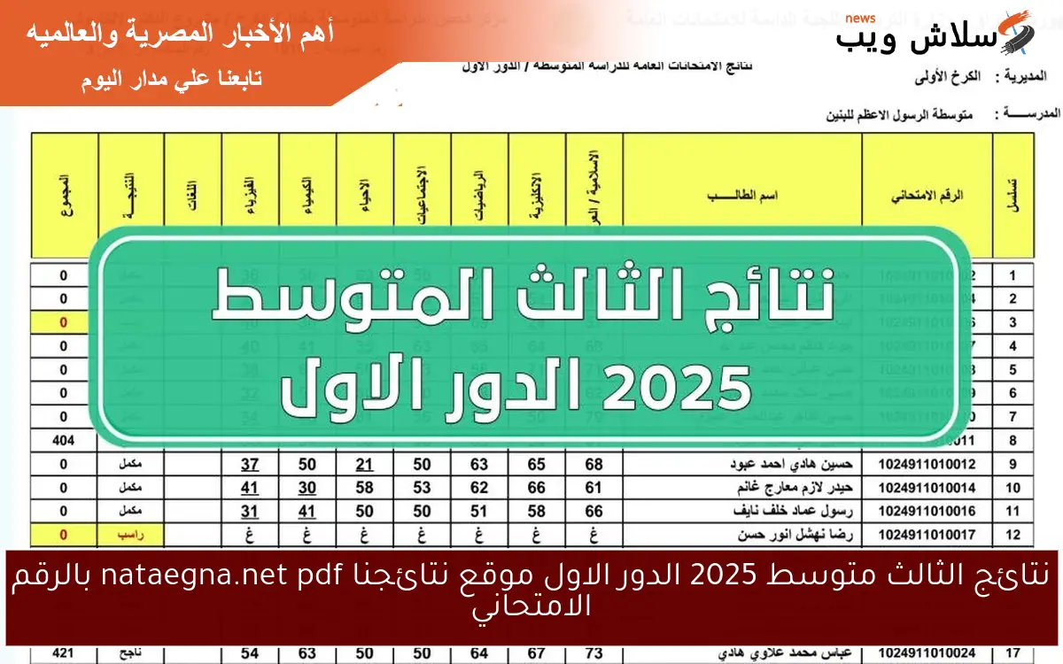 نتائج الثالث متوسط 2025 الدور الاول موقع نتائجنا nataegna.net pdf بالرقم الامتحاني