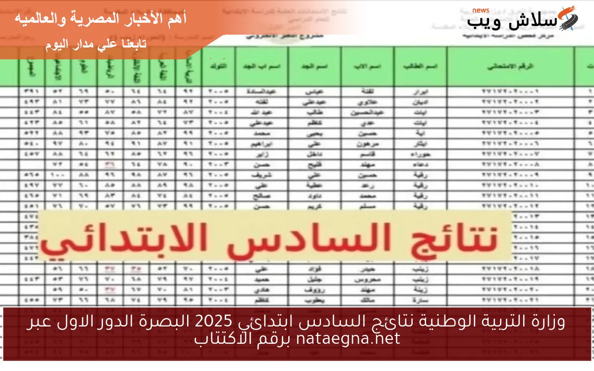 وزارة التربية الوطنية نتائج السادس ابتدائي 2025 البصرة الدور الاول عبر nataegna.net برقم الاكتتاب