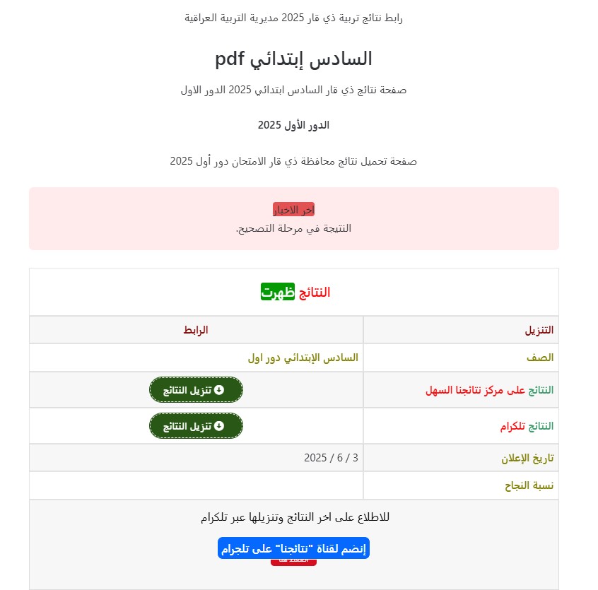 نتائج السادس الابتدائي ذي قار 2025