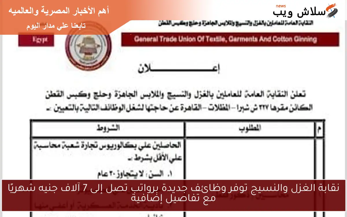 نقابة الغزل والنسيج توفر وظائف جديدة برواتب تصل إلى 7 آلاف جنيه شهريًا مع تفاصيل إضافية